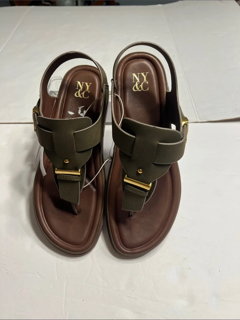 New York & Company Olive Green and Brown Thong Sandals with Gold Accents